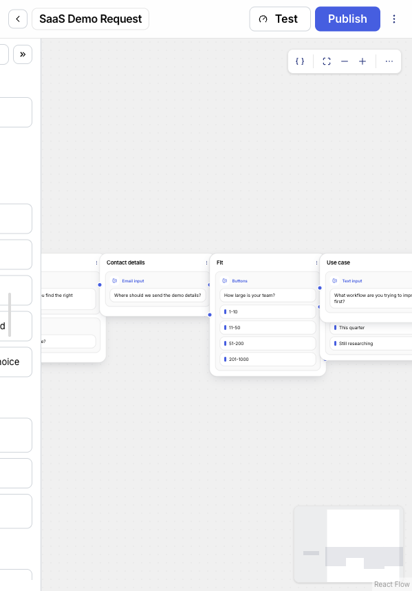 DialogMaker workflow builder canvas with the Questions block palette and a step containing two Buttons blocks.