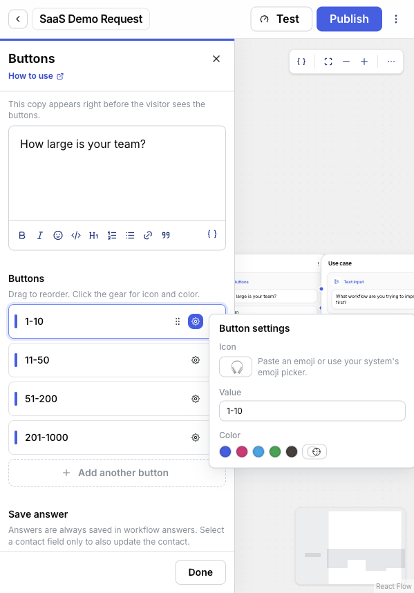 DialogMaker Buttons option settings popover showing controls for an option icon and button color.