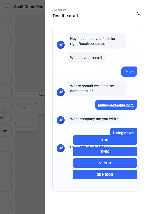 DialogMaker preview showing the question How large is your team with four button choices: 1-10, 11-50, 51-200, and 201-1000.